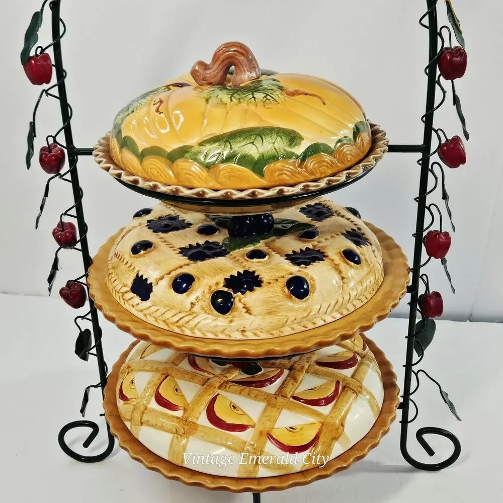 Vtg 3 Tier Iron Serving Stand Ceramic Decorative Covered 3D Pie Keeper Apples